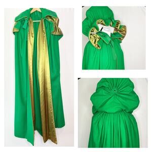 Hand Sewn Hooded Wool Cloak Kelly Green Gold Satin Trim One Size Hand Made